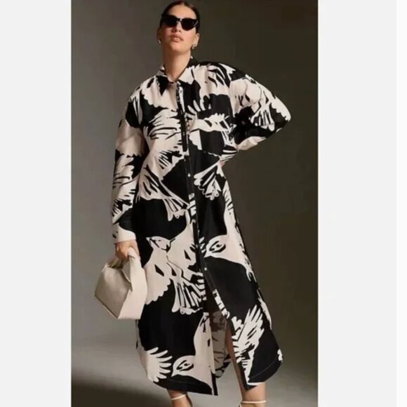 Anthropologie Maeve Soren Long Sleeve Bird Print Dress Size Medium P - Picture 1 of 12